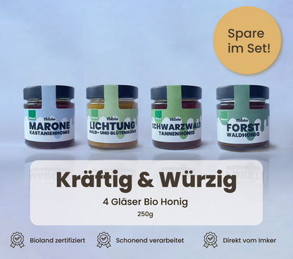 Bio Honig Probierpaket – Kräftig & Würzig – 4 aromatische Honige vom Imker - 250g