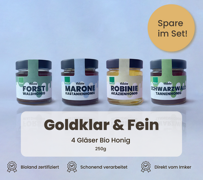 Bio Honig Set – Goldklar & Fein – 4 ausgewählte Honigsorten – 250g - Imkerei Tobio