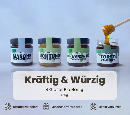 Bio Honig Probierpaket – Kräftig & Würzig – 4 aromatische Honige vom Imker - 250g