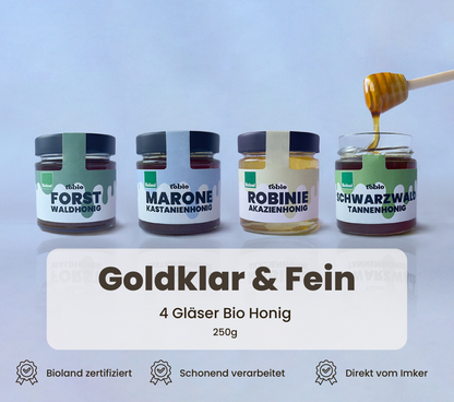 Bio Honig Set – Goldklar & Fein – 4 ausgewählte Honigsorten – 250g - Imkerei Tobio